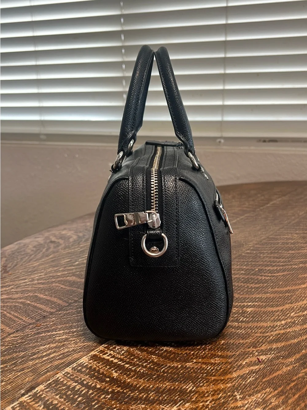 Coach Black Leather Barrel Satchel with Silver Hardware